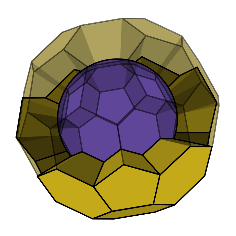 Schemat poglądowy soczewki wybuchowej. Kształt fali jest zależny od geometrii warstw. Źródło: Wikipedia/Wikimedia, File:Implosion nuclear weapon design - explosive lenses.svg, licencja: Public domain.