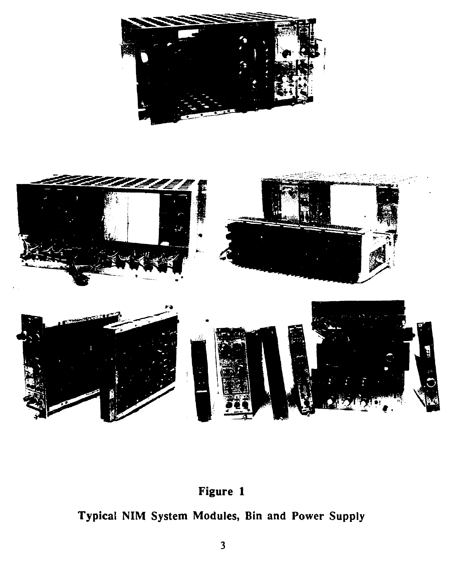 Źródło ilustracji: us-doe-standard-nim-instrumentation-system-1990.pdf, fig. 1, s. 3. Przykładowe moduły, bin i zasilacz NIM pokazują praktyczny sens standardu: użytkownik składa tor z wymiennych bloków, a wspólna mechanika i zasilanie pozwalają przenosić moduły między stanowiskami.