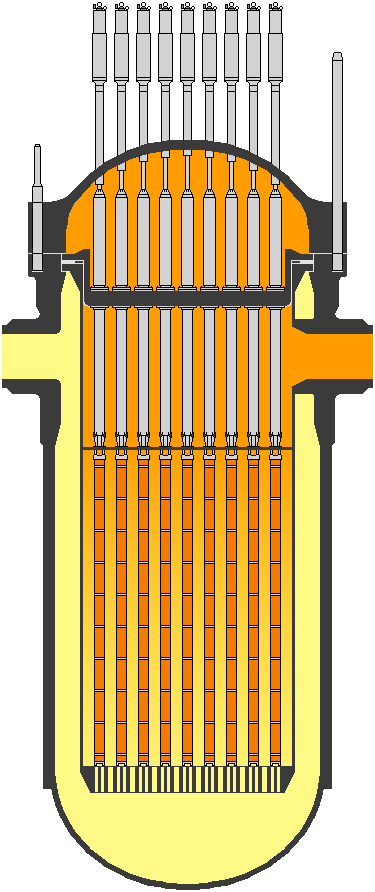 Zbiornik ciśnieniowy reaktora EPR. Kontrast EPR/AP1000 wymaga dwóch odmiennych reprezentantów. Źródło: Wikipedia/Wikimedia, File:EPR pressure vessel.png, licencja: CC BY 3.0.