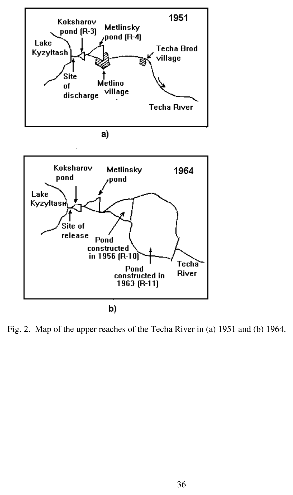 Źródło ilustracji: emras-aquatic-techa.pdf, fig. 2, s. 36. Mapa górnego biegu Techy w dwóch momentach pokazuje, że środowiskowe skutki `Mayak` trzeba czytać hydrologicznie: skażenie nie było punktem na mapie, lecz układem rzeki, kanałów, zbiorników i osadów.