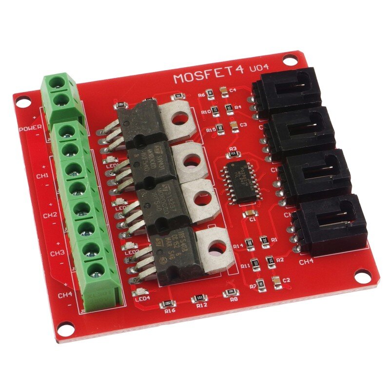 Moduł mocy z czterema tranzystorami MOSFET `IRF540` ze sklepu kamami.pl (ok. `12,80 zł`). Sterowany sygnałem logicznym z Arduino, nie wymaga lutowania — najprostsze możliwe wejście w przełączanie mocy. Zdjęcie: kamami.pl