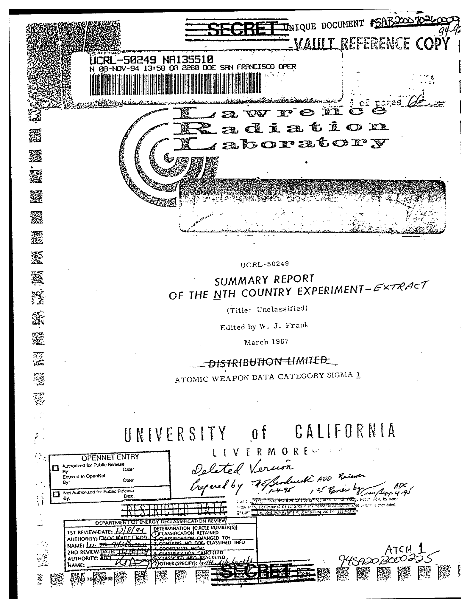 Strona tytułowa raportu Summary Report of the Nth Country Experiment.