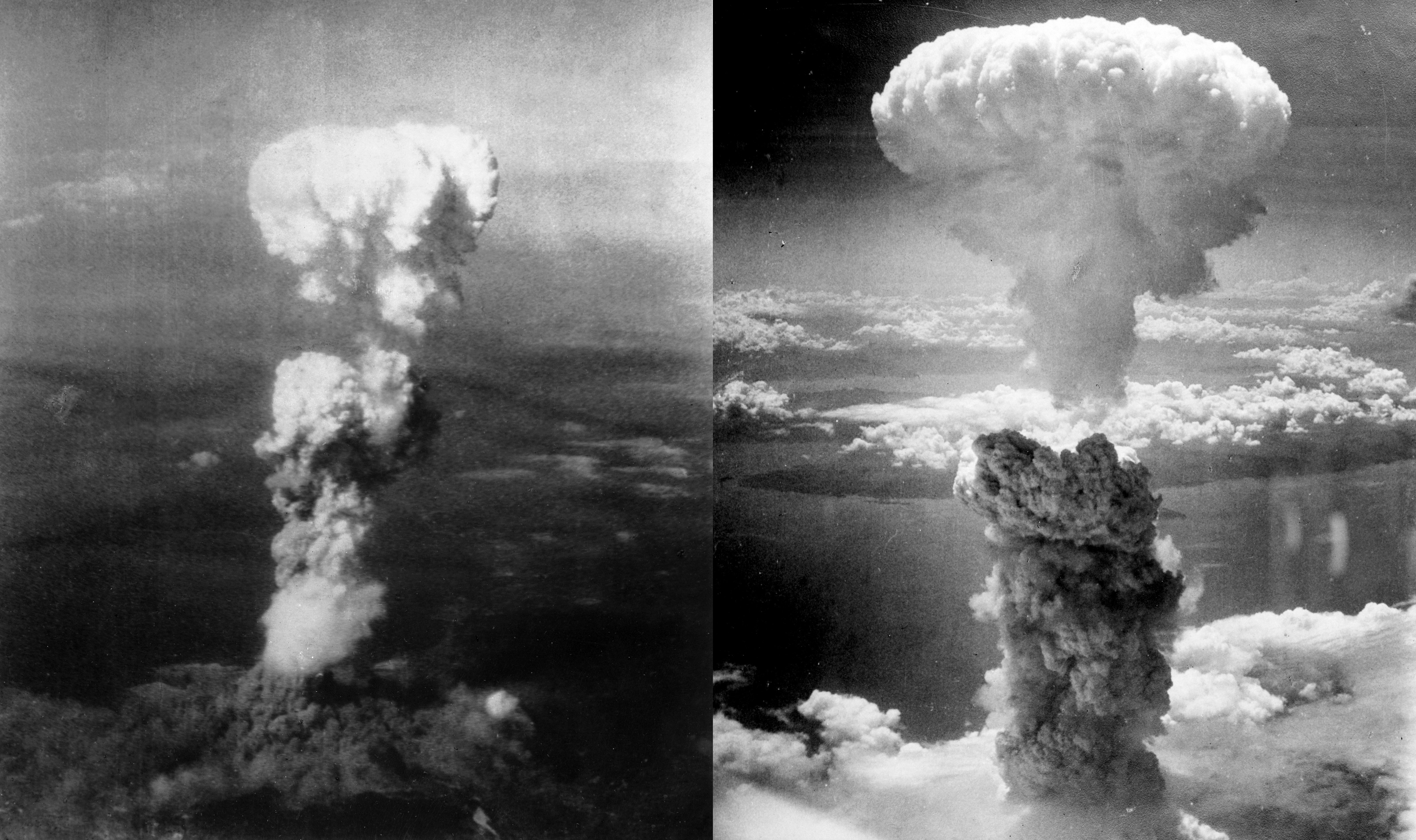 Mapa porównująca Hiroszimę i Nagasaki. Artykuł porównuje dwa przypadki; mapa porządkuje porównanie dwóch miejsc detonacji. Źródło: Wikipedia/Wikimedia, File:Atomic bombing of Japan.jpg, licencja: Public domain.